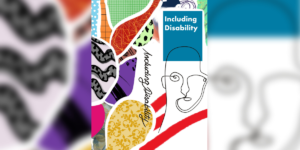 A collage of bright abstract patterns with colours of red, purple, green, and gold frame a hand drawn face with looping black lines. Above the face reads the title of the journal Including Disability. This is also handwritten in beautiful cursive vertically at the centre of the page, overlapping with the colourful cutout
