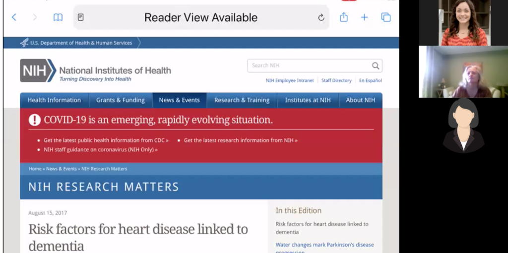 screenshot of a Zoom session with three participants and a page from the NIH website