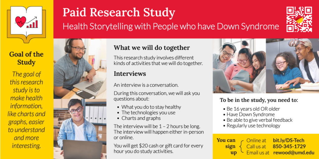 Paid Research Study: Health Storytelling with people who have Down Syndrome. The goal of this research study is to make health information, like charts and graphs, easier to understand and more interesting. To be in the study, you need to: be 16 years old or older, have Down Syndrome, be able to give verbal feedback, regularly use technology. What we will do together. This research study involves different kinds of activities that we will do together. Interviews. An interview is a conversation. During this conversation, we will ask you questions about: what you do to stay healthy, the technologies you use, charts and graphs. The interview will be 1 – 2 hours be long. The interview will happen either in-person or online. You will get $20 cash or gift card for every hour you do study activities. You can sign up: Online at bit.ly/DS-Tech. Call us at 850-345-1729. Email us at rewood@umd.edu