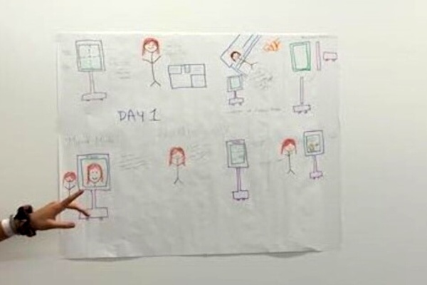 Students points at poster depicting an idea that was co-designed with people with dementia. The idea involves a tablet on a stand that follows the user (the poster is detailed but little is visible).