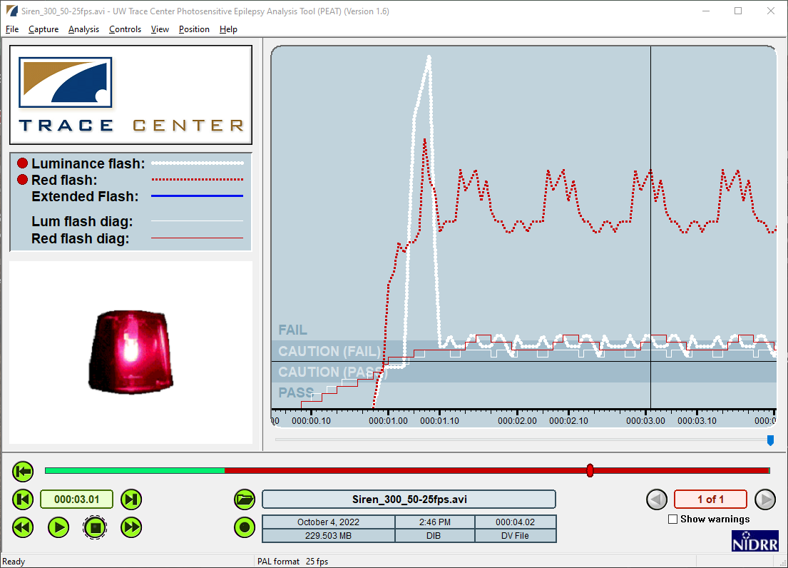 Screenshot of the PEAT software showing a still from the GIF and a failing analysis.