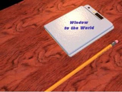 Drawing of a square white device about half the length of a pencil (with a pencil shown for scale) with the words “Window to the World” on the outside.