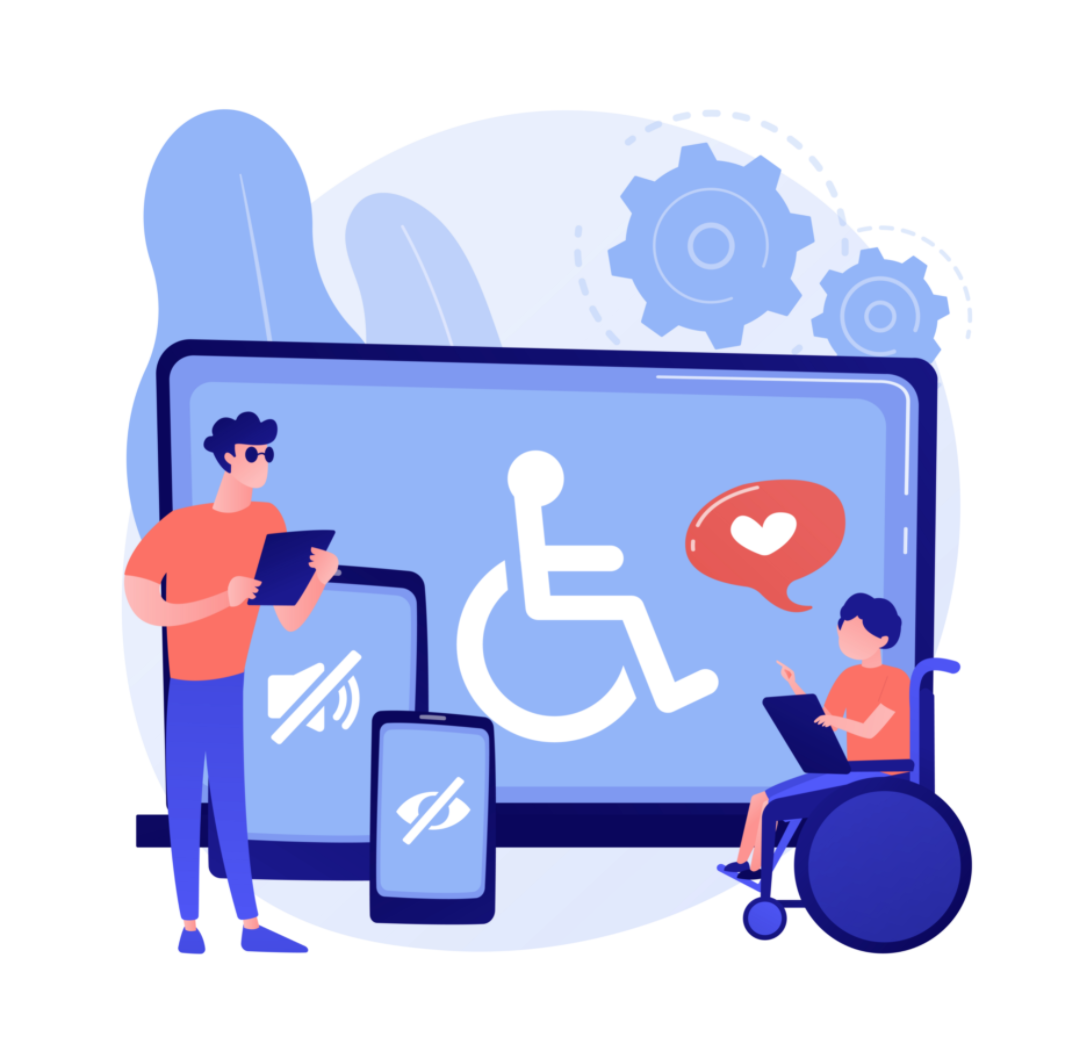 Cartoon person in wheelchair discussing accessibility with a man wearing sunglasses